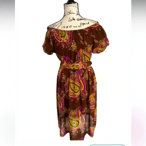 Jonathan Martin Dress Brown Green Floral Paisley Light off shoulder midi size 6 - Picture 3 of 11
